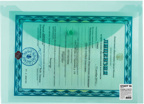 Папка-конверт с кнопкой STAFF, А4, до 100 листов, прозрачная, зеленая, 0,12 мм, 225171