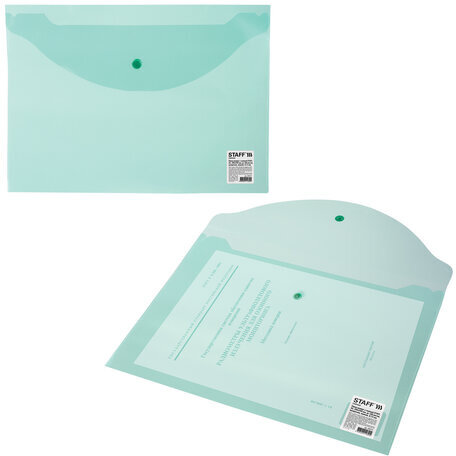 Папка-конверт с кнопкой STAFF, А4, до 100 листов, прозрачная, зеленая, 0,12 мм, 225171