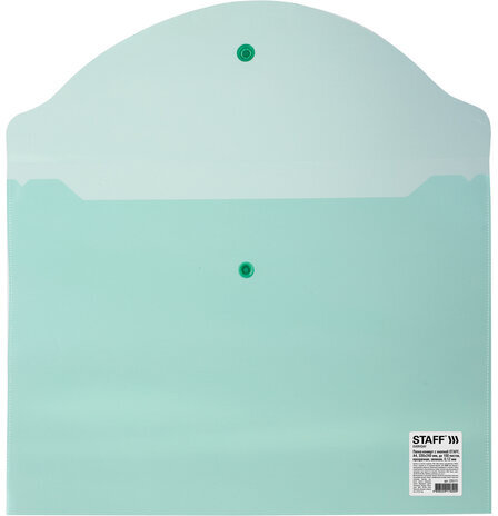 Папка-конверт с кнопкой STAFF, А4, до 100 листов, прозрачная, зеленая, 0,12 мм, 225171
