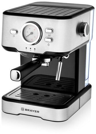 Кофеварка рожковая BRAYER BR1101, 1200 Вт, объем 1,5 л, 20 бар, ручной капучинатор, термометр, серебро
