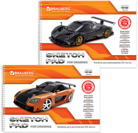 Альбом для рисования, А4, 32 листа, гребень, обложка картон, BRAUBERG, 205х290 мм, "Суперавто" (2 вида), 102830