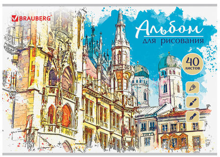 Альбом для рисования А4 40 листов, скоба, глянцевый лак, BRAUBERG, 202х285 мм, "Города" (1 вид), 105094