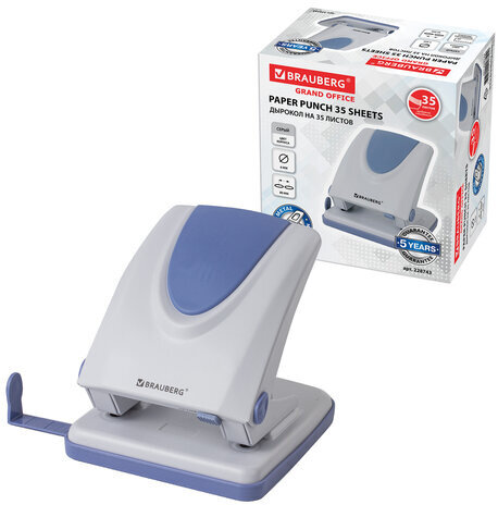 Дырокол металлический BRAUBERG "GRAND OFFICE", до 35 листов, серый, ГАРАНТИЯ 5 ЛЕТ, 228743