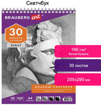 Скетчбук, белая бумага 160 г/м2, 205х290 мм, 30 л., гребень, жёсткая подложка, BRAUBERG ART DEBUT, 110985