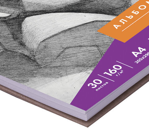 Скетчбук, белая бумага 160 г/м2, 205х290 мм, 30 л., гребень, жёсткая подложка, BRAUBERG ART DEBUT, 110985