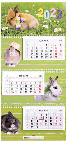 Календарь квартальный с бегунком 2023 г., 3 блока, 3 гребня, ЭКСТРА, "Год Кролика", HATBER, 3Кв3гр3ц_27159
