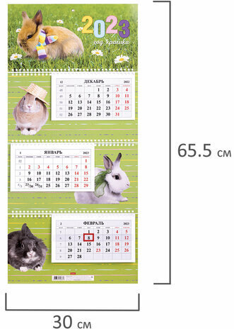 Календарь квартальный с бегунком 2023 г., 3 блока, 3 гребня, ЭКСТРА, "Год Кролика", HATBER, 3Кв3гр3ц_27159