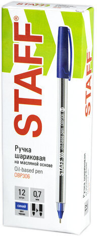 Ручка шариковая масляная STAFF Basic "OBP-306", СИНЯЯ, игольчатый узел 0,7 мм, линия письма 0,35 мм, 143009