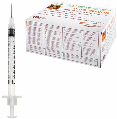 Шприц инсулиновый SFM, 0,5 мл, КОМПЛЕКТ 10 шт., пакет, U-100 игла несъемная 0,33х12,7 мм - 29G, 534252