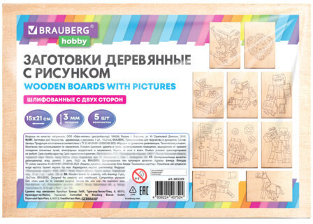 Заготовки деревянные для выжигания "Кубический мир", 5 шт., 10 рисунков, 15х21 см, BRAUBERG HOBBY, 665309