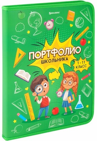 Папка-портфолио школьника, А4, на молнии, 8 вкладышей, обложка твёрдая, ОТЛИЧНИКИ, BRAUBERG, 115244