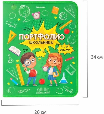 Папка-портфолио школьника, А4, на молнии, 8 вкладышей, обложка твёрдая, ОТЛИЧНИКИ, BRAUBERG, 115244