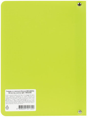 Тетрадь на кольцах А5 160х215 мм, 80 л., пластик, клетка, BRAUBERG, "Салатовый", 403250