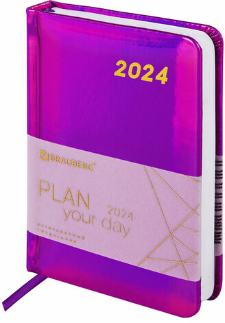 Ежедневник датированный 2024 МАЛЫЙ ФОРМАТ 100х150 мм А6, BRAUBERG "Holiday", под кожу, фиолетовый, 114802