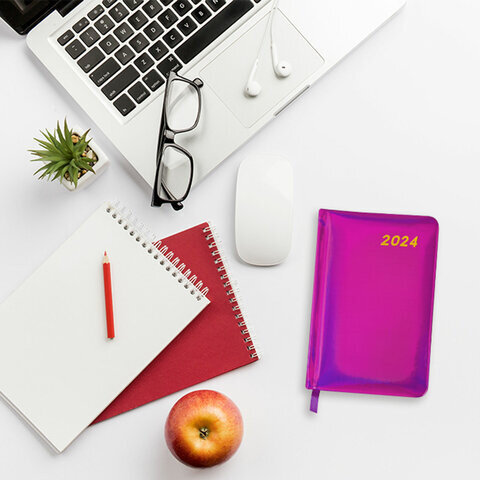 Ежедневник датированный 2024 МАЛЫЙ ФОРМАТ 100х150 мм А6, BRAUBERG "Holiday", под кожу, фиолетовый, 114802