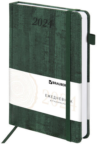 Ежедневник датированный 2024 А5 138x213 мм BRAUBERG "Wood", под кожу, держатель для ручки, зеленый, 114902