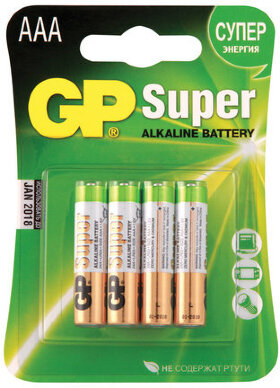 Батарейки КОМПЛЕКТ 4 шт., GP Super, AAA (LR03, 24А), алкалиновые, мизинчиковые, блистер, 24A-2CR4