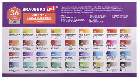 Акварель художественная в кюветах НАБОР 36 цветов по 2,5 г, BRAUBERG ART DEBUT, 191779