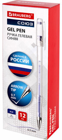 Ручка гелевая РОССИЯ "СОЮЗ", СИНЯЯ, корпус прозрачный, узел 0,7 мм, линия письма 0,5 мм, BRAUBERG, 143962