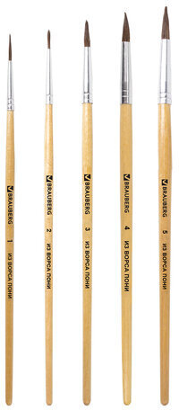 Кисти BRAUBERG, набор 5 шт. (пони, круглые № 1, 2, 3, 4, 5), блистер, 200222