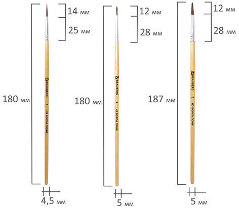 Кисти BRAUBERG, набор 5 шт. (пони, круглые № 1, 2, 3, 4, 5), блистер, 200222