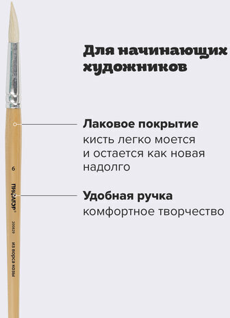 Кисть ПИФАГОР, КОЗА, круглая, № 6, деревянная лакированная ручка, колпачок, пакет с подвесом, 200829