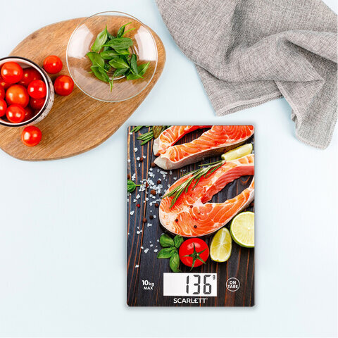 Весы кухонные SCARLETT SC-KS57P37, электронный дисплей, max вес 10 кг, тарокомпенсация, стекло
