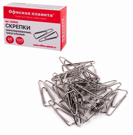 Скрепки ОФИСНАЯ ПЛАНЕТА, 25 мм, никелированные, треугольные, 100 шт., в картонной коробке, 222043