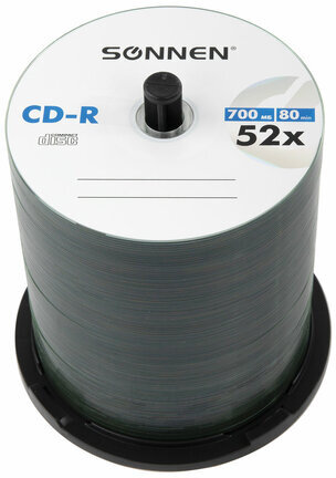 Диски CD-R SONNEN, 700 Mb, 52x, Cake Box (упаковка на шпиле) КОМПЛЕКТ 100 шт., 513533