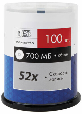 Диски CD-R SONNEN, 700 Mb, 52x, Cake Box (упаковка на шпиле) КОМПЛЕКТ 100 шт., 513533