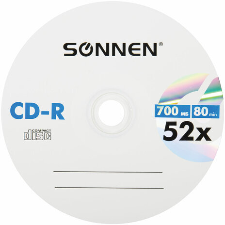 Диски CD-R SONNEN, 700 Mb, 52x, Cake Box (упаковка на шпиле) КОМПЛЕКТ 100 шт., 513533