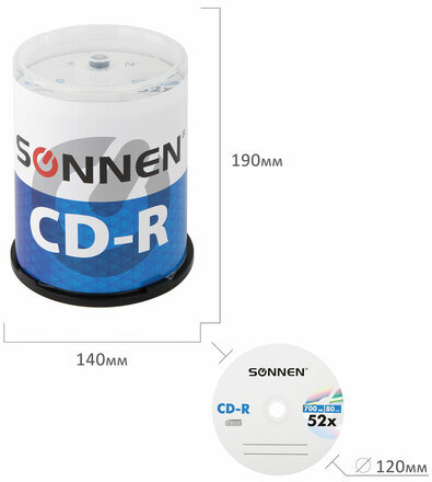 Диски CD-R SONNEN, 700 Mb, 52x, Cake Box (упаковка на шпиле) КОМПЛЕКТ 100 шт., 513533