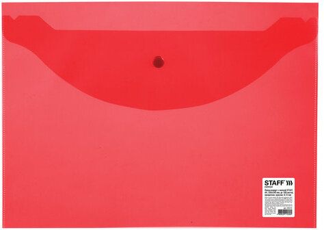 Папка-конверт с кнопкой STAFF, А4, до 100 листов, прозрачная, красная, 0,12 мм, 225172