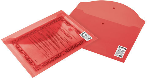 Папка-конверт с кнопкой STAFF, А4, до 100 листов, прозрачная, красная, 0,12 мм, 225172