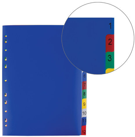 Разделитель пластиковый ОФИСМАГ, А4, 12 листов, цифровой 1-12, оглавление, цветной, РОССИЯ, 225617