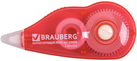 Корректирующая лента BRAUBERG, 5 мм х 6 м, корпус красный, механизм перемотки, блистер, 226809