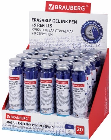 Ручка стираемая гелевая + 9 стержней в ПЛАСТИКОВОЙ ТУБЕ, СИНЯЯ, игольчатый наконечник 0,5 мм, линия 0,35 мм, BRAUBERG, 144093