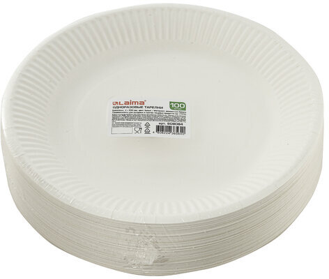 Тарелка одноразовая бумажная 230 мм, КОМПЛЕКТ 100 шт., БЮДЖЕТ, белая мелованная, LAIMA, 608084
