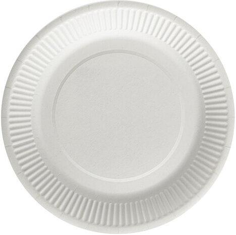 Тарелка одноразовая бумажная 230 мм, КОМПЛЕКТ 100 шт., БЮДЖЕТ, белая мелованная, LAIMA, 608084
