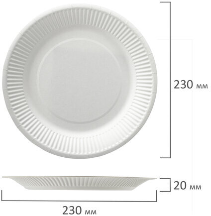 Тарелка одноразовая бумажная 230 мм, КОМПЛЕКТ 100 шт., БЮДЖЕТ, белая мелованная, LAIMA, 608084