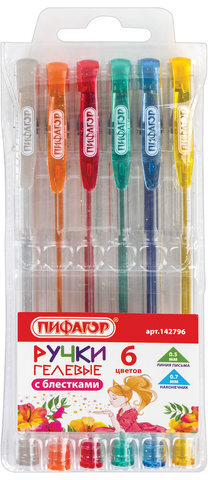 Ручки гелевые ПИФАГОР, НАБОР 6 ЦВЕТОВ, БЛЕСТКИ, корпус прозрачный, узел 0,7 мм, линия письма 0,5 мм, 142796