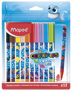 Фломастеры MAPED COLOR'PEPS "Ocean Life", 12 цветов, смываемые, вентилируемый колпачок, 845701