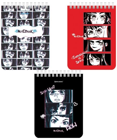 Блокнот МАЛЫЙ ФОРМАТ А6 108х145 мм, 40 л., гребень, картон, клетка, BRAUBERG, "Anime emotions", 114392