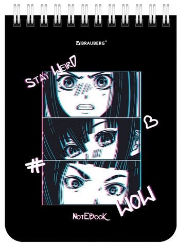 Блокнот МАЛЫЙ ФОРМАТ А6 108х145 мм, 40 л., гребень, картон, клетка, BRAUBERG, "Anime emotions", 114392