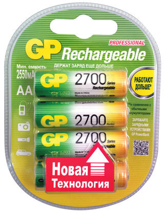 Батарейки аккумуляторные КОМПЛЕКТ 4 шт., GP, АА (HR6), Ni-Mh, 2700 mAh, блистер, 270AAHC-2DECRC4