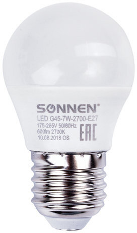 Лампа светодиодная SONNEN, 7 (60) Вт, цоколь E27, шар, теплый белый свет, 30000 ч, LED G45-7W-2700-E27, 453703