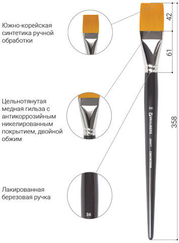 Кисть художественная проф. BRAUBERG ART CLASSIC, синтетика жесткая, плоская, № 36, длинная ручка, 200677