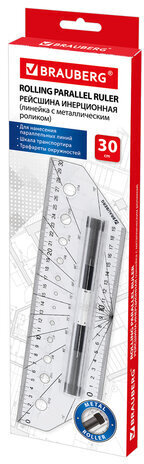 Линейка с роликом (рейсшина) 30 см, BRAUBERG, металлический ролик, коробка с подвесом, 210647
