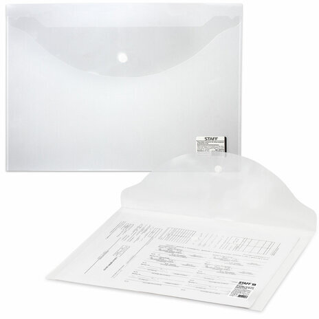 Папка-конверт с кнопкой STAFF, А4, до 100 листов, прозрачная, 0,12 мм, 225173