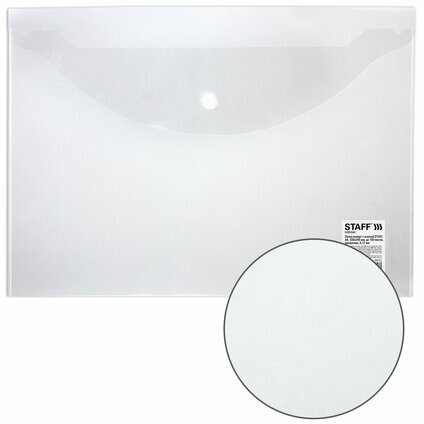 Папка-конверт с кнопкой STAFF, А4, до 100 листов, прозрачная, 0,12 мм, 225173